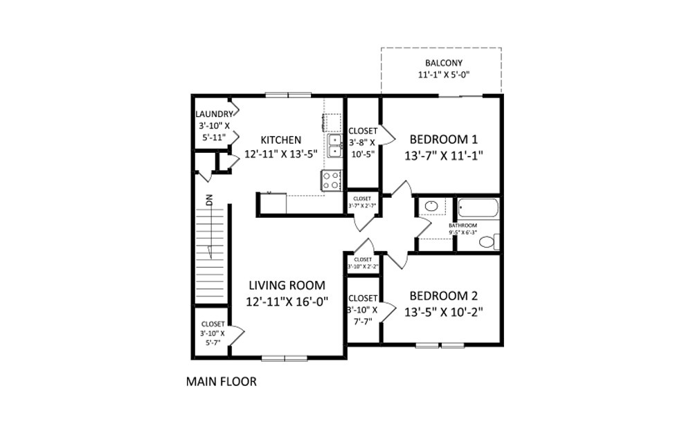 Garden Style 2/1 - 2 bedroom floorplan layout with 1 bath and 900 square feet (1st floor 2D)