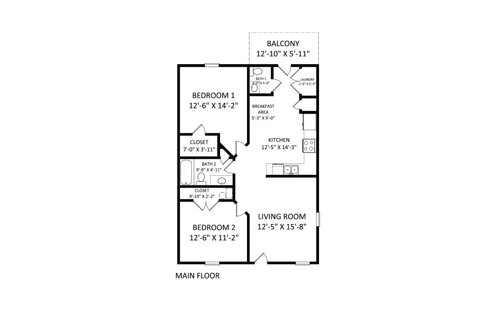 Garden Style 2/1.5 - 2 bedroom floorplan layout with 1.5 bath and 972 square feet (1st floor 2D)
