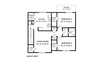 Garden Style 2/1 - 2 bedroom floorplan layout with 1 bath and 900 square feet