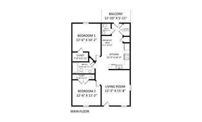 Garden Style 2/1.5 - 2 bedroom floorplan layout with 1.5 bath and 972 square feet
