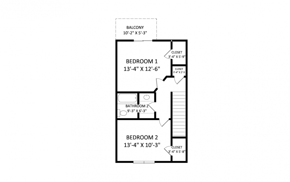Townhome - 2 bedroom floorplan layout with 1.5 bath and 1070 square feet (2nd floor 2D)